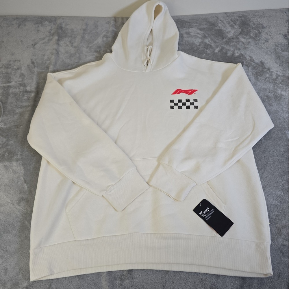 F1 Formula Racing Sweatshirt Mens XL Cream Hooded Pullover Racing Graphic Casual